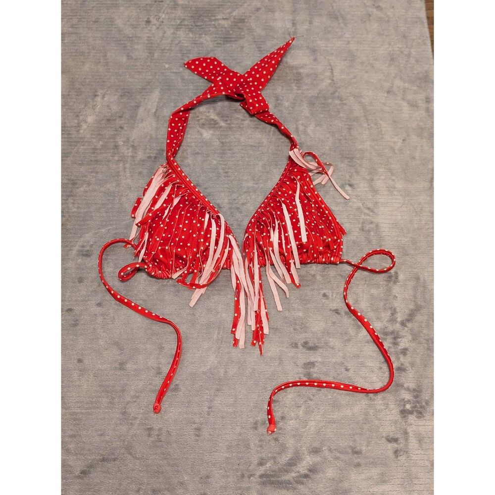 Guess Los Angeles Size XS Red White Polka Dot Fringe Halter String Bikini Top